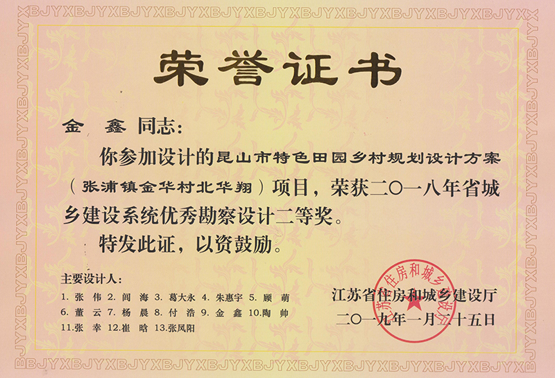 省城鄉建設勘察設計獎-金鑫